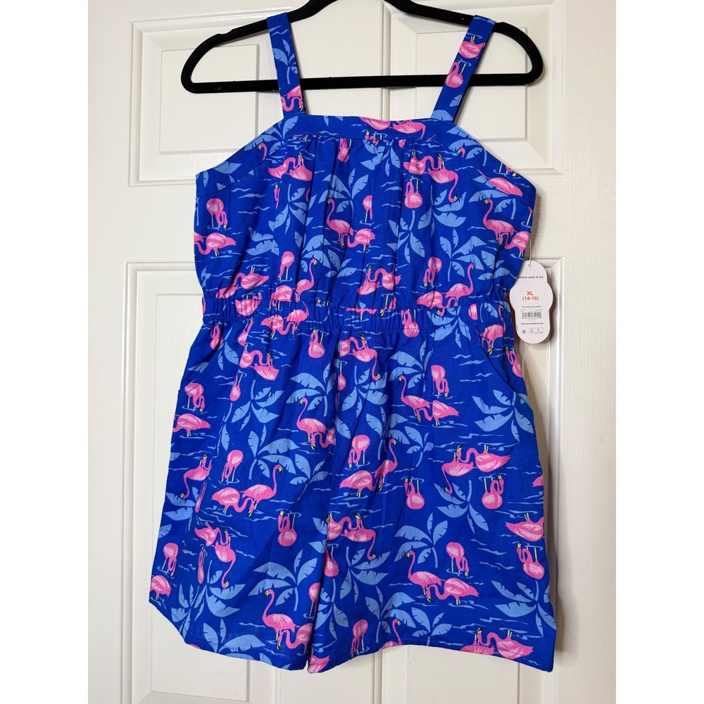 Wonder Nation Girls XL 14-16 Flamingo Romper Blue Pink NWT Summer Tropical